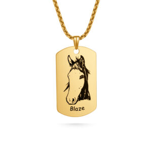 Gold dog tag shaped pendant necklace with hand-drawn pet portrait engraving and name on link chain
