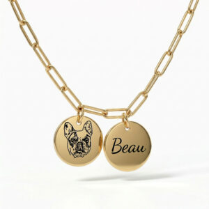 Gold paperclip chain necklace with hand-drawn pet portrait and name on dual disc pendants