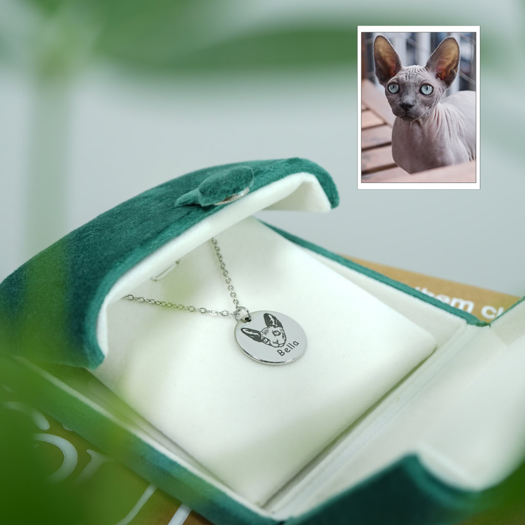 Cat face engraved necklace on model (3)
