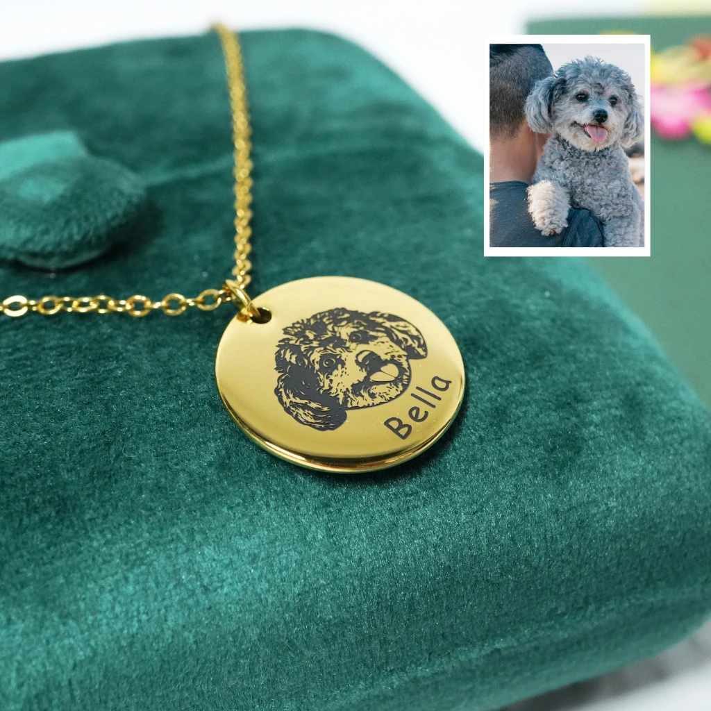 Dog face engraved necklace on model