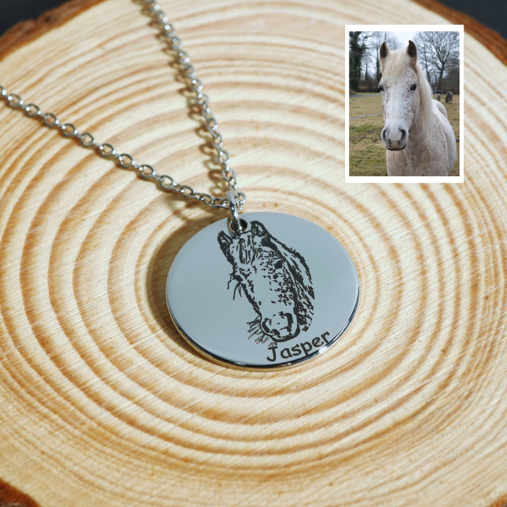 Horse face engraved necklace on model