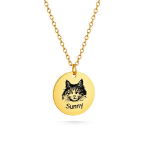 Memorial cat necklace, gold cat photo disc pendant necklace with cat line-art engraving; front side with cat on necklace.