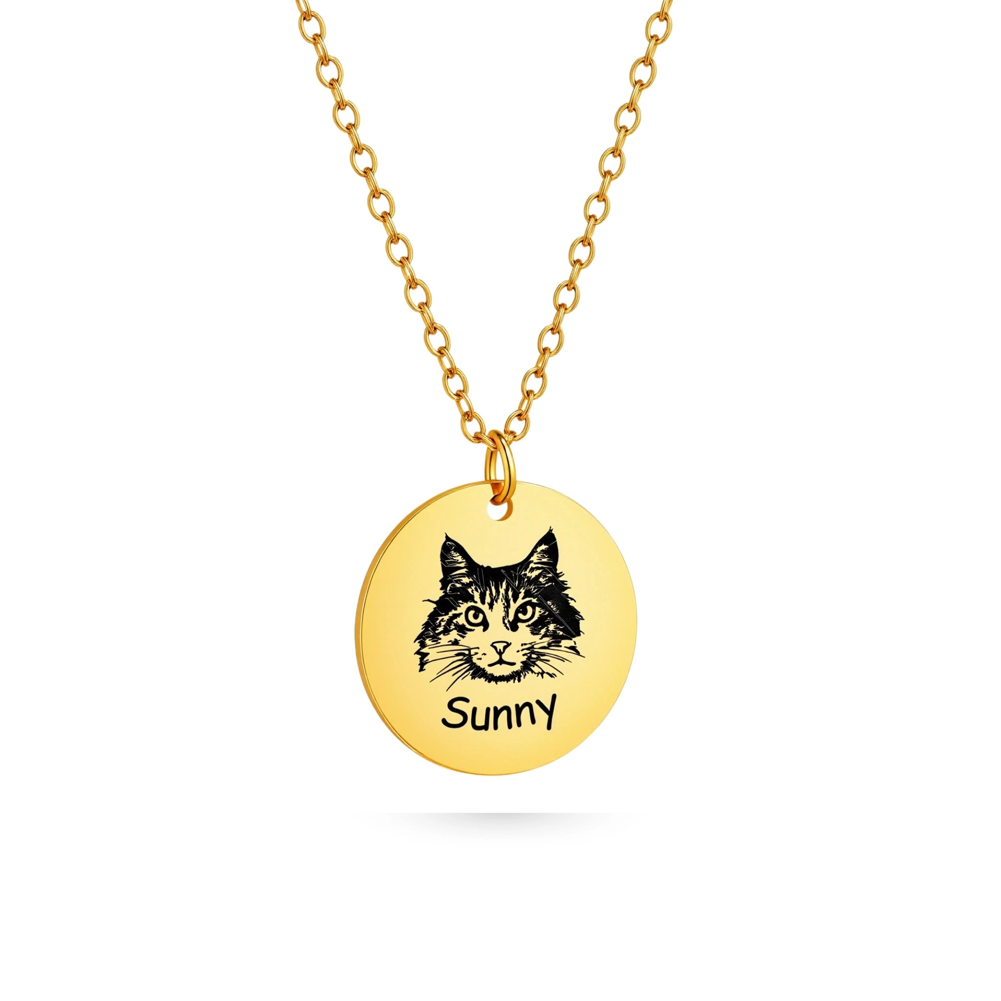 Memorial cat necklace, gold cat photo disc pendant necklace with cat line-art engraving; front side with cat on necklace.