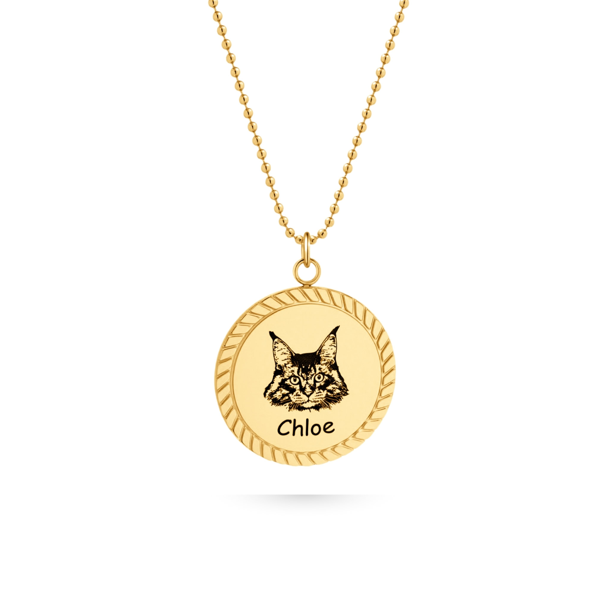 Memorial cat necklace, gold cat photo rope-edge pendant necklace with cat line-art engraving; front side with cat on necklace.