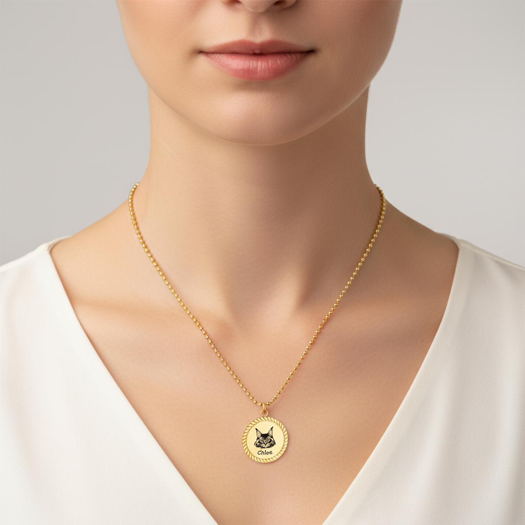 cat-portrait-personalize-necklace-round-rope-edge-disc-gold-on-model