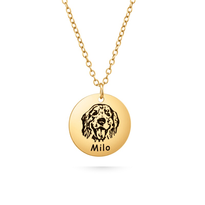 Memorial dog necklace, gold dog photo disc pendant necklace with dog line-art engraving; front side with dog on necklace.