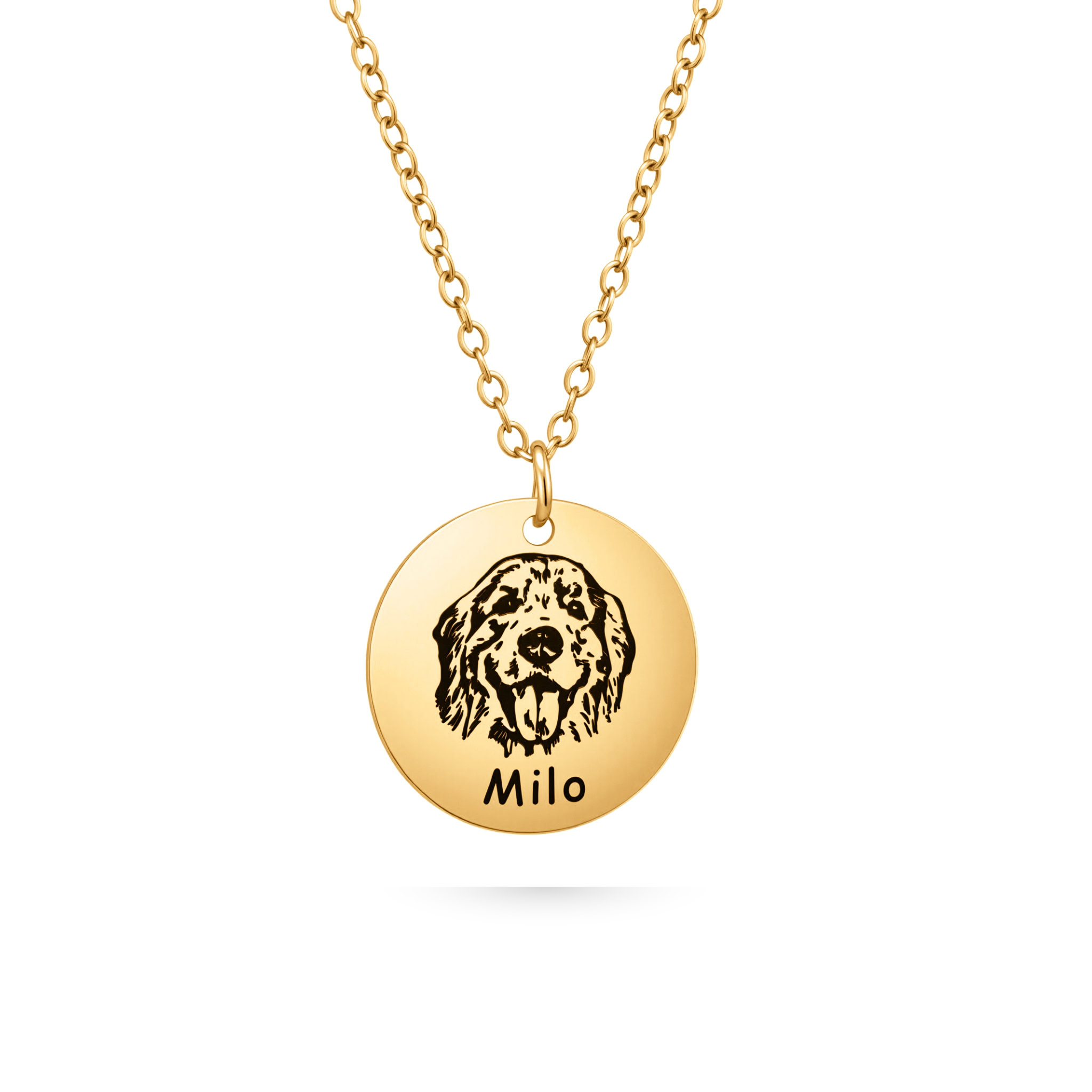 Memorial dog necklace, gold dog photo disc pendant necklace with dog line-art engraving; front side with dog on necklace.