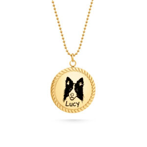 Memorial dog necklace, gold dog photo rope-edge pendant necklace with dog line-art engraving; front side with dog on necklace.