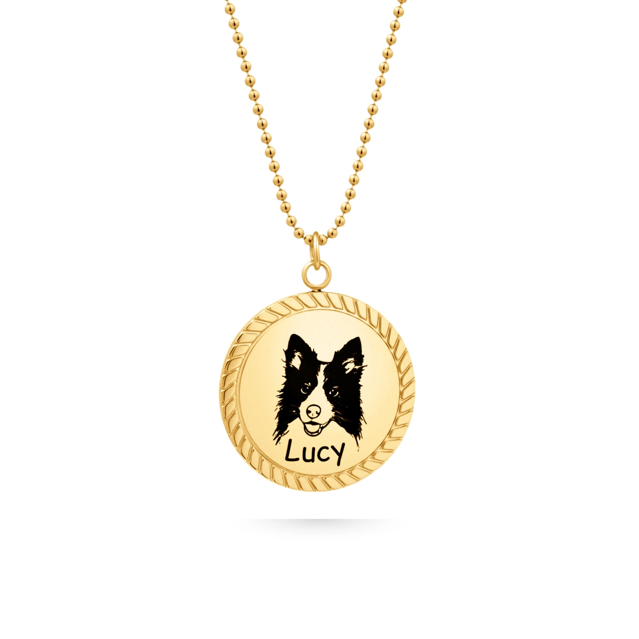 Memorial dog necklace, gold dog photo rope-edge pendant necklace with dog line-art engraving; front side with dog on necklace.