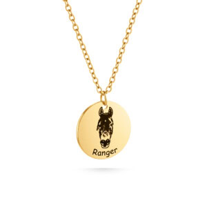 Memorial horse necklace, gold horse photo disc pendant necklace with horse line-art engraving; front side with horse on necklace.