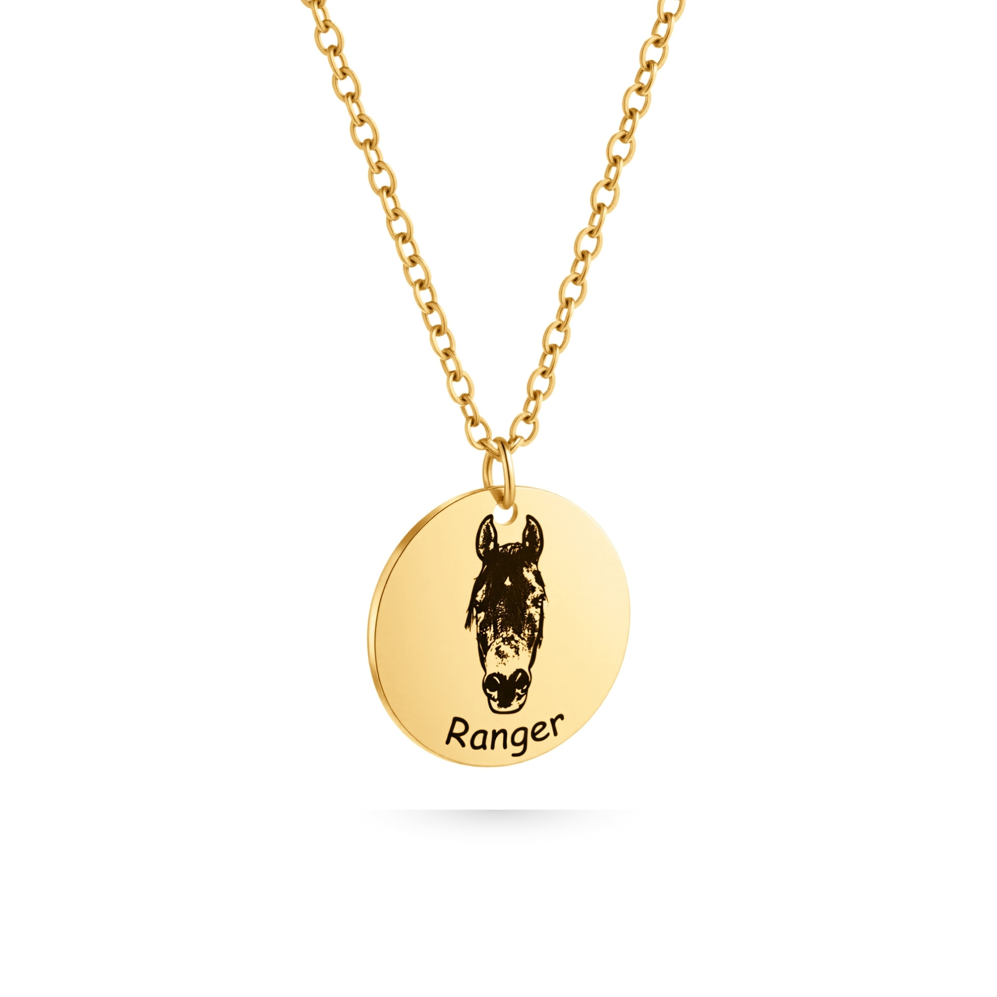 Memorial horse necklace, gold horse photo disc pendant necklace with horse line-art engraving; front side with horse on necklace.