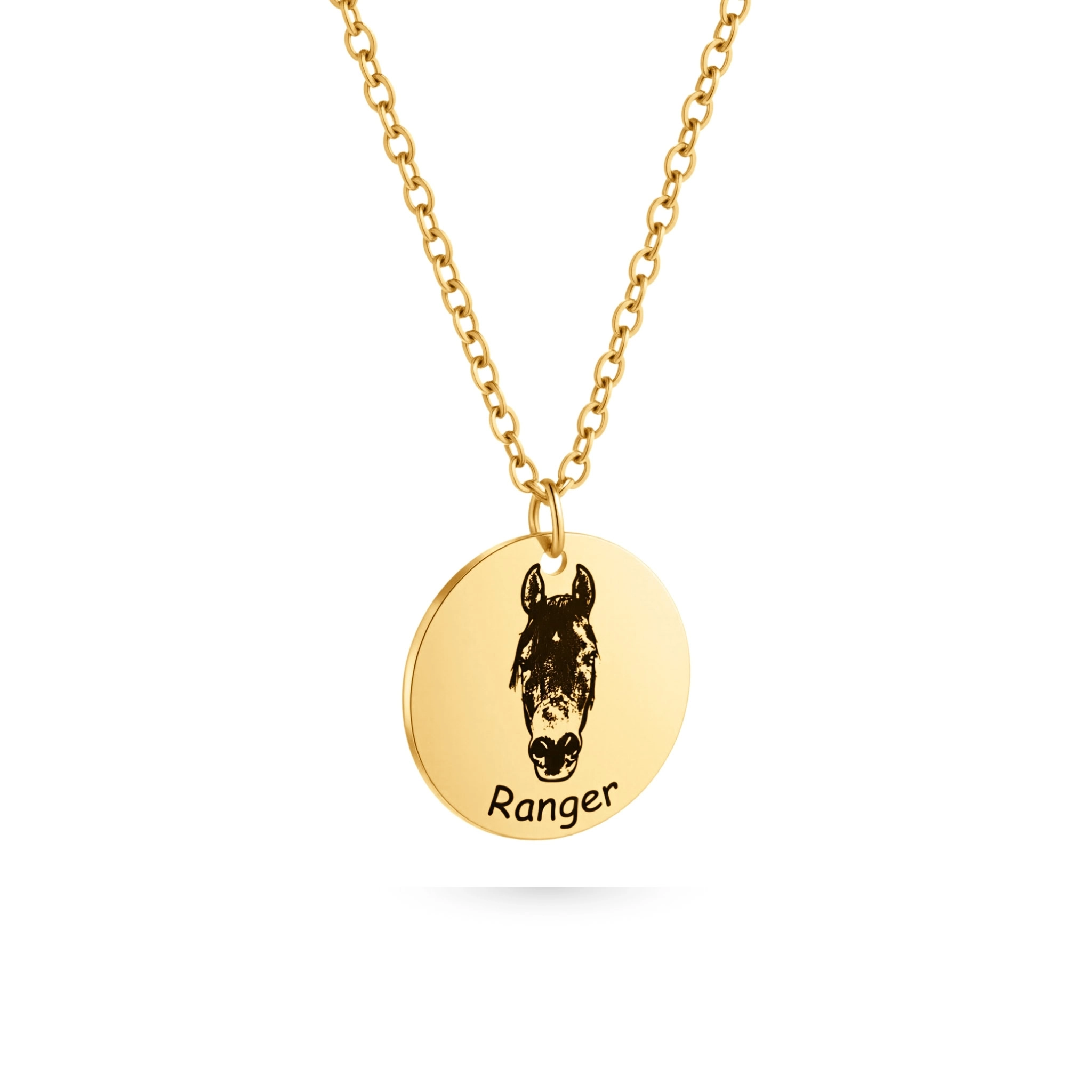 Memorial horse necklace, gold horse photo disc pendant necklace with horse line-art engraving; front side with horse on necklace.