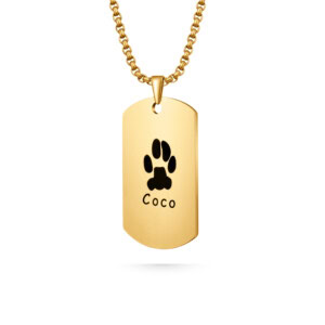 Memorial paw print necklace, gold paw print photo dog tag necklace with paw print line-art engraving; front side with paw print on necklace.