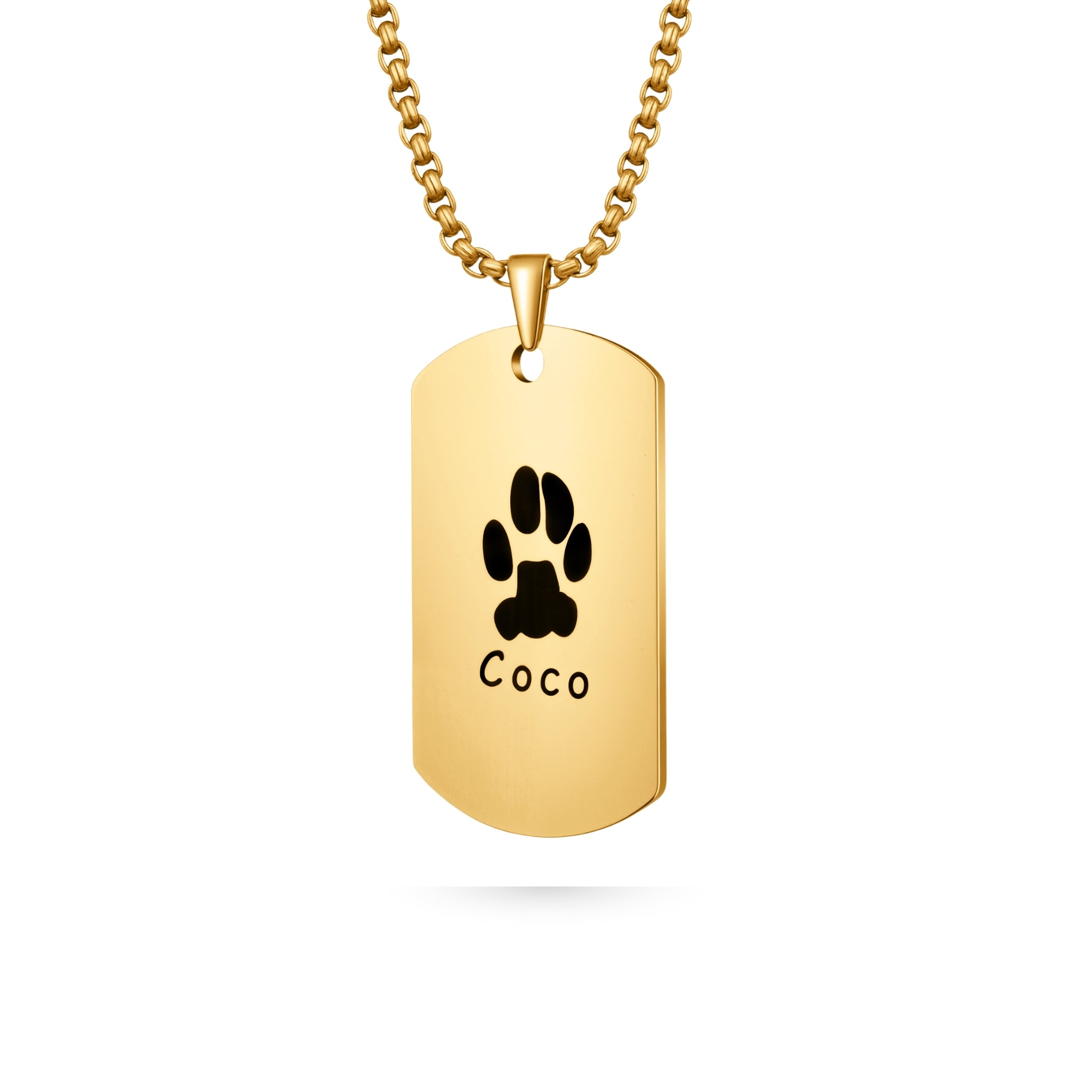 Memorial paw print necklace, gold paw print photo dog tag necklace with paw print line-art engraving; front side with paw print on necklace.