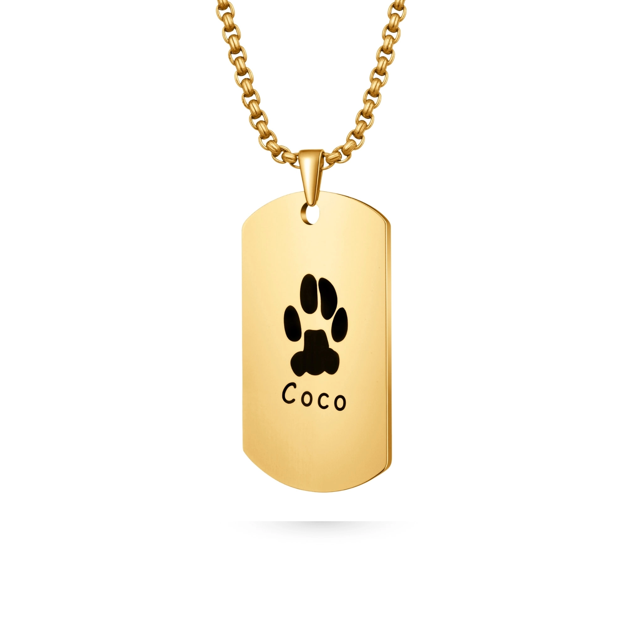 Memorial paw print necklace, gold paw print photo dog tag necklace with paw print line-art engraving; front side with paw print on necklace.
