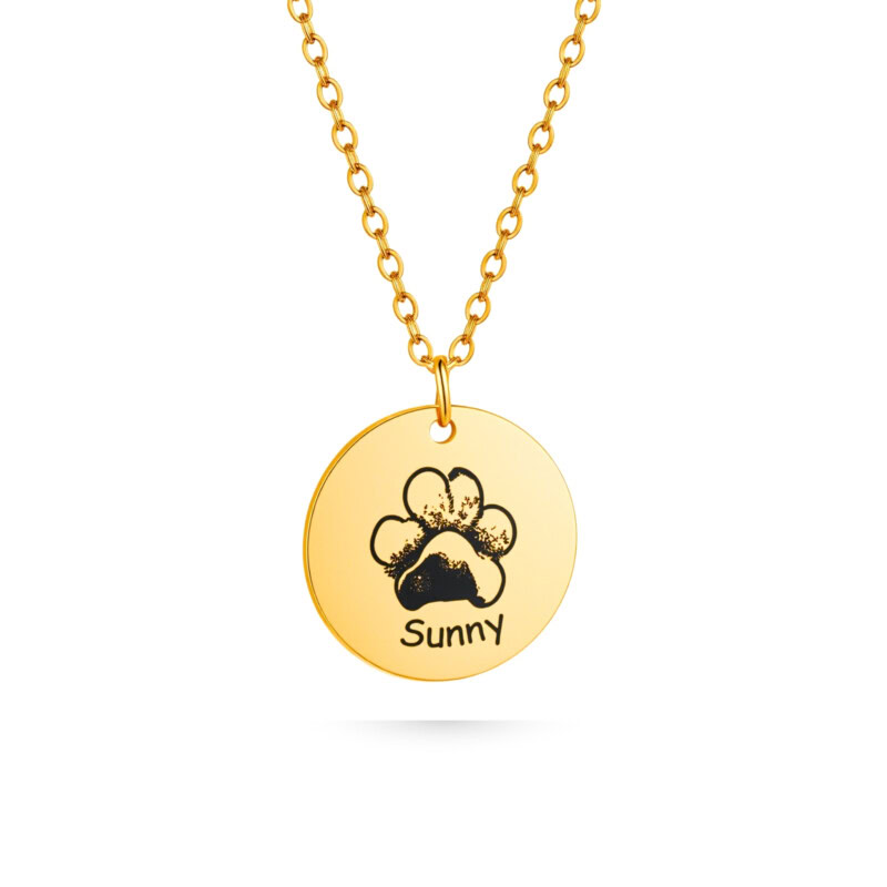 Memorial paw print necklace, gold paw print photo disc pendant necklace with paw print line-art engraving; front side with paw print on necklace.