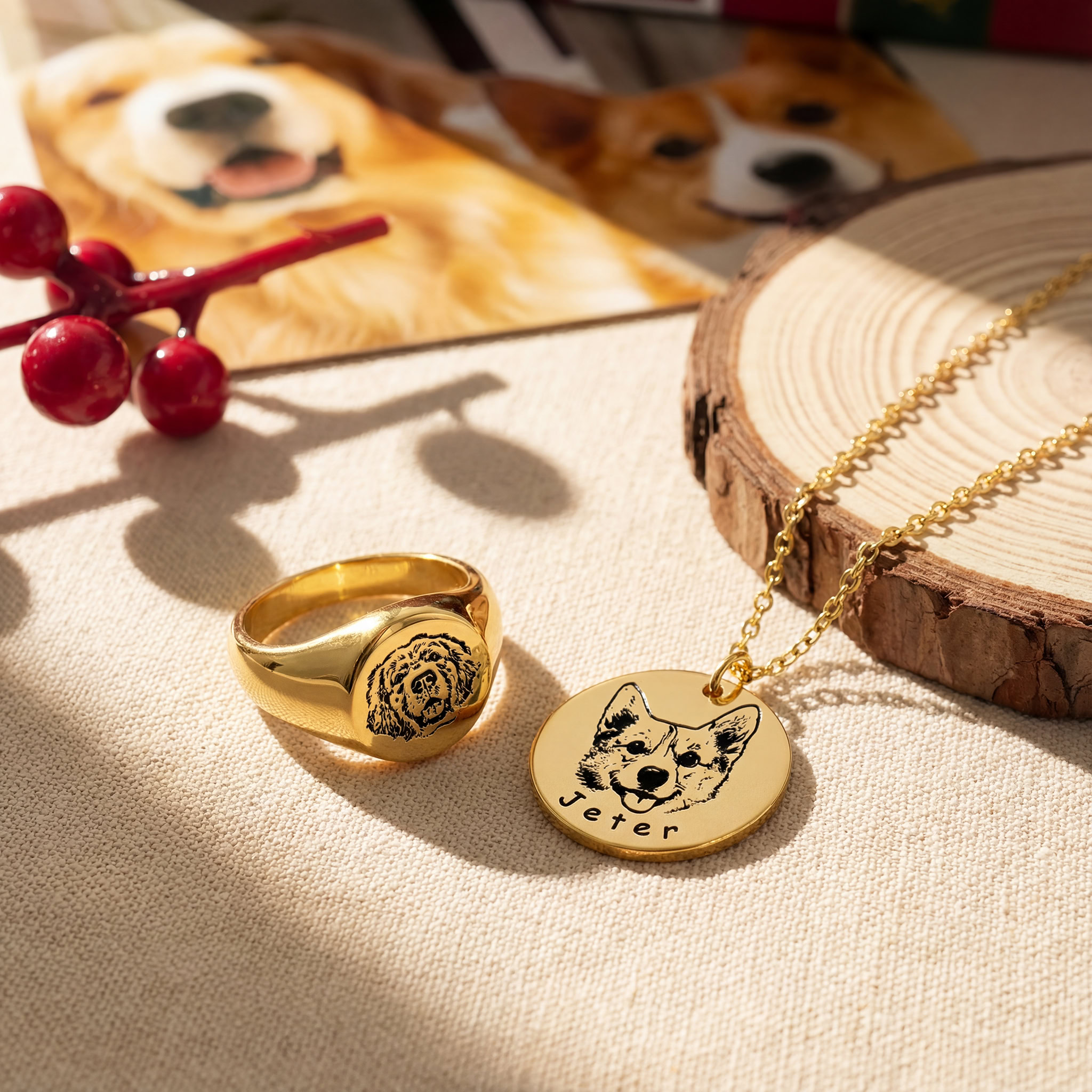 personalized-pet-face-necklace-and-ring-on-wood-christmas